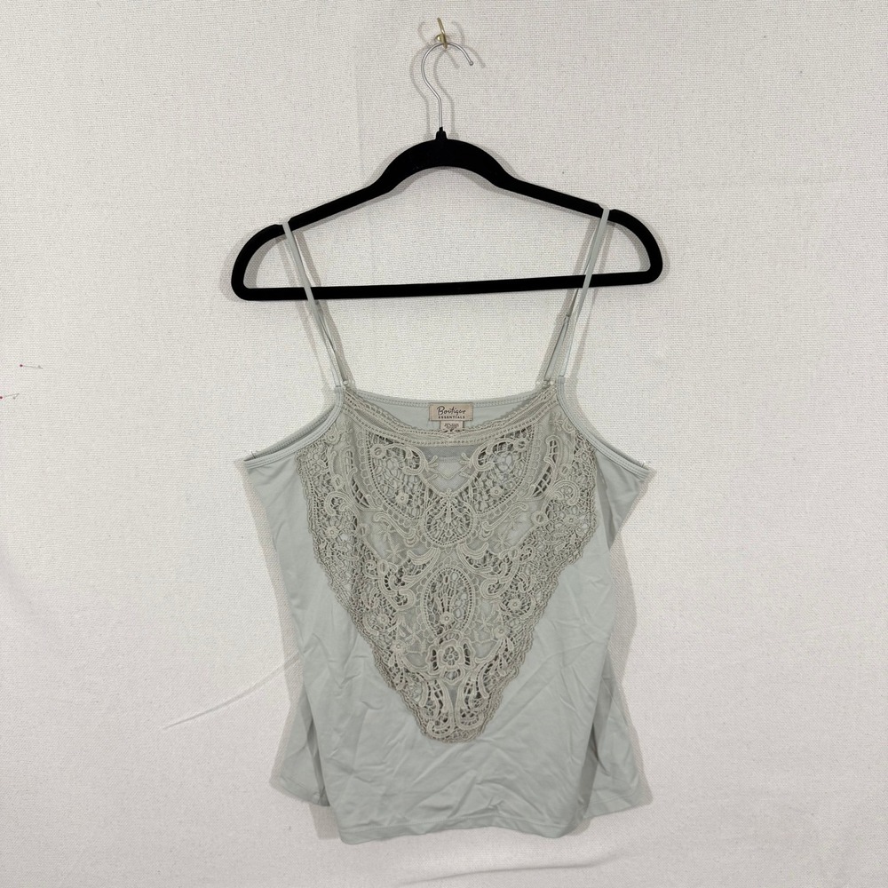 Boutique Essentials Sage Green Lace Bib Cami Tank Top Size L Crochet Detail